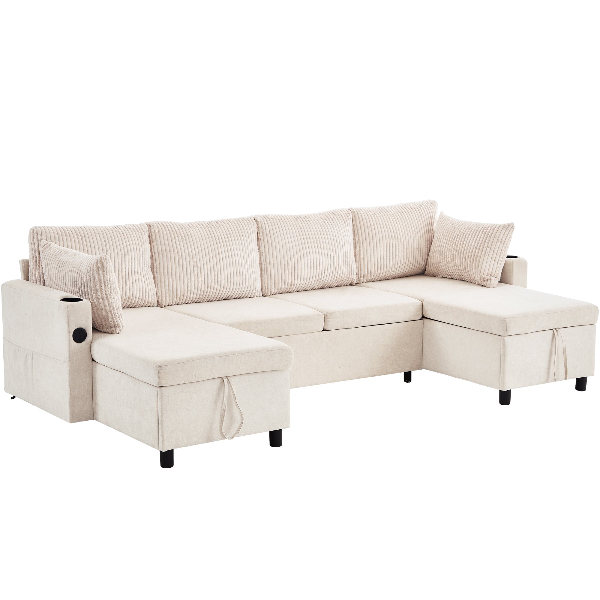 Versatile Beige Sectional Sofa Bed, Storage, USB, Cups