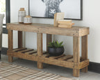 Console sofa table in distressed light brown wood with open slat lower shelf.