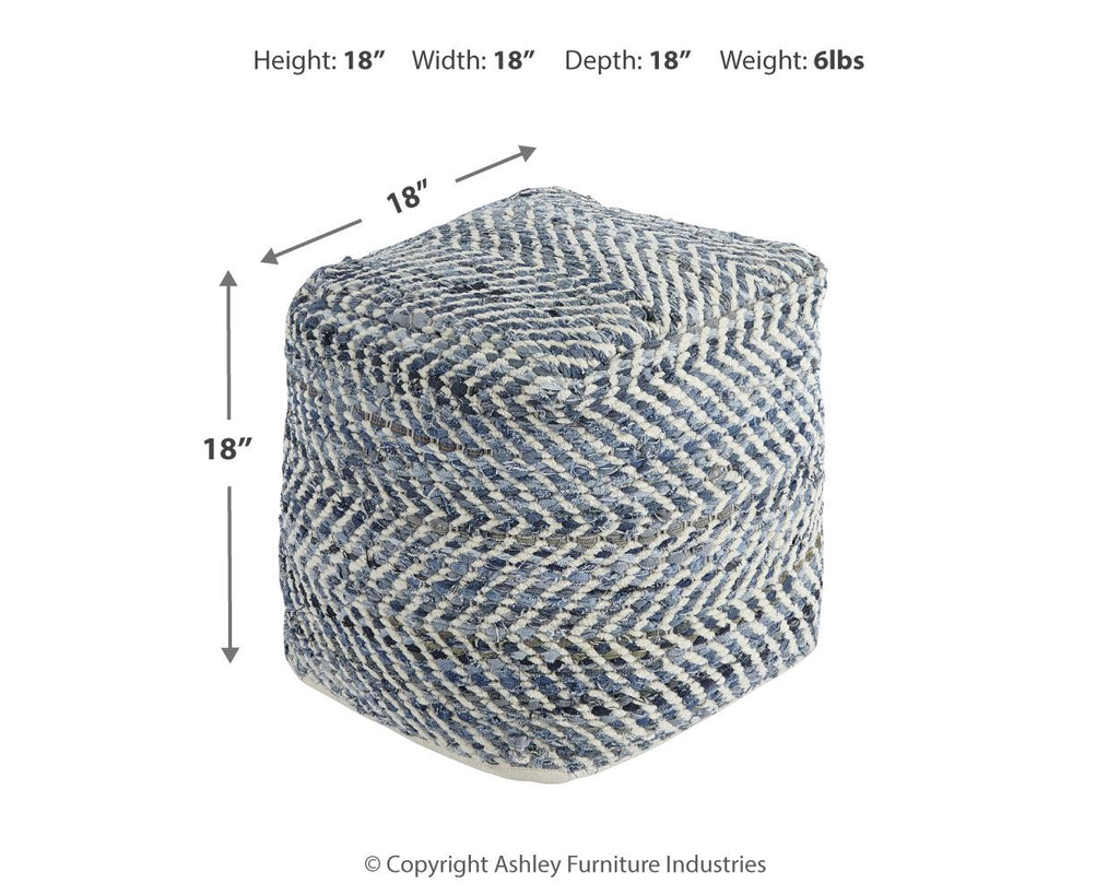 Blue-and-cream chevron upholstered pouf with textured woven fabric, rounded cube shape