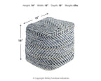 Blue-and-cream chevron upholstered pouf with textured woven fabric, rounded cube shape