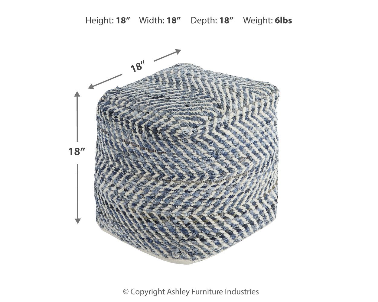 Blue-and-cream chevron upholstered pouf with textured woven fabric, rounded cube shape