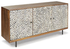 Brown wood accent cabinet with three geometric patterned doors and dark metal legs