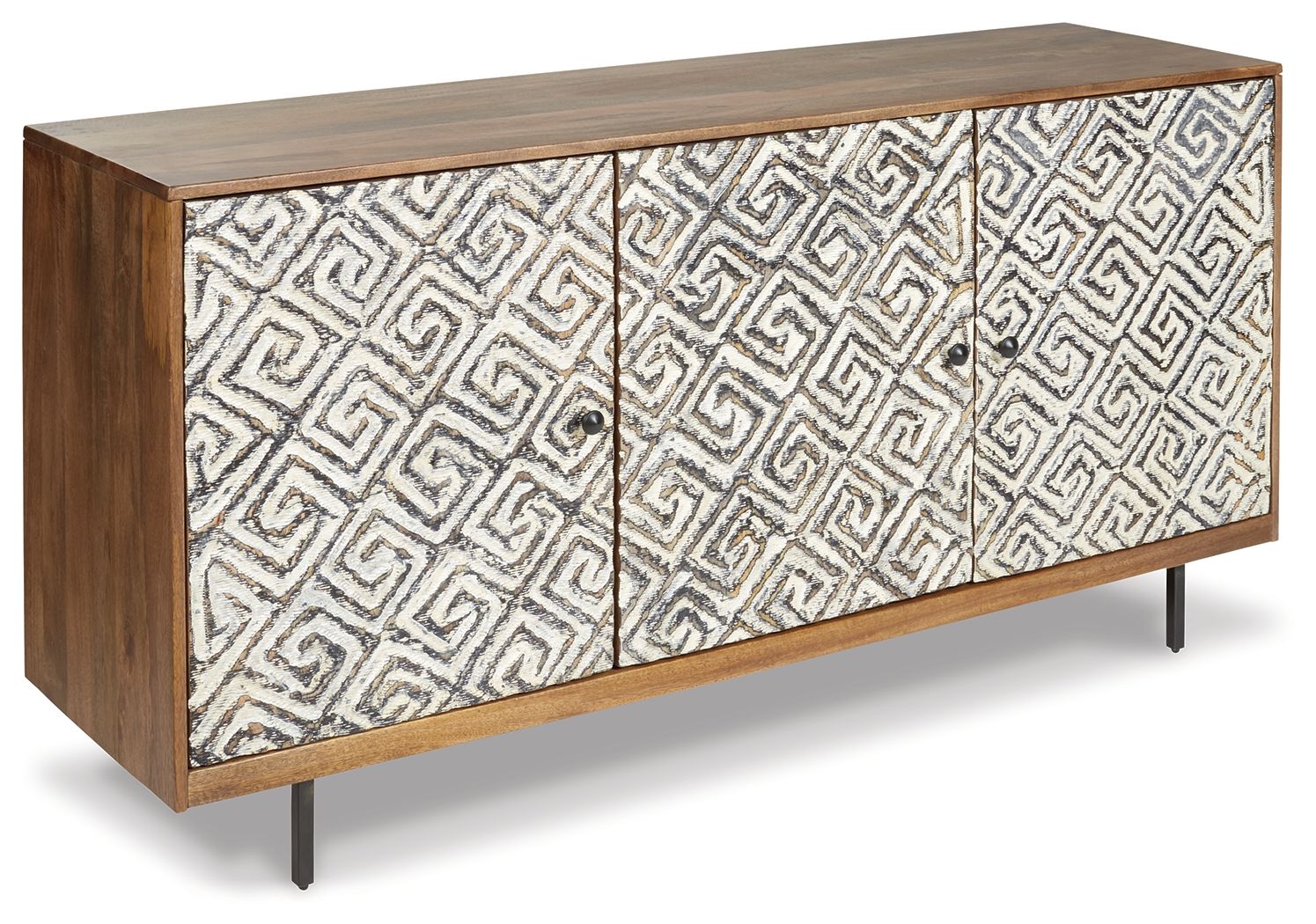 Brown wood accent cabinet with three geometric patterned doors and dark metal legs