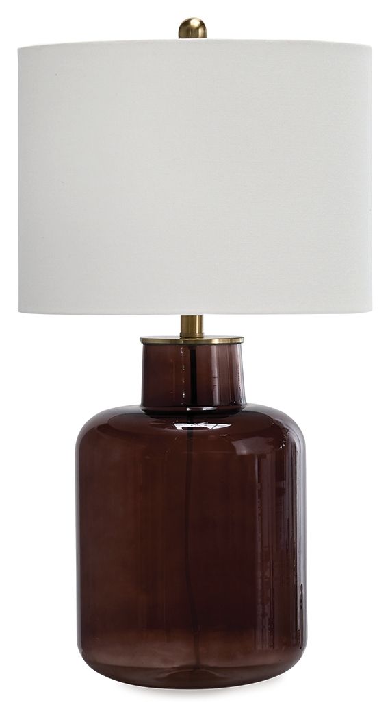 Amber glass table lamp with cylindrical white fabric shade and gold base neck