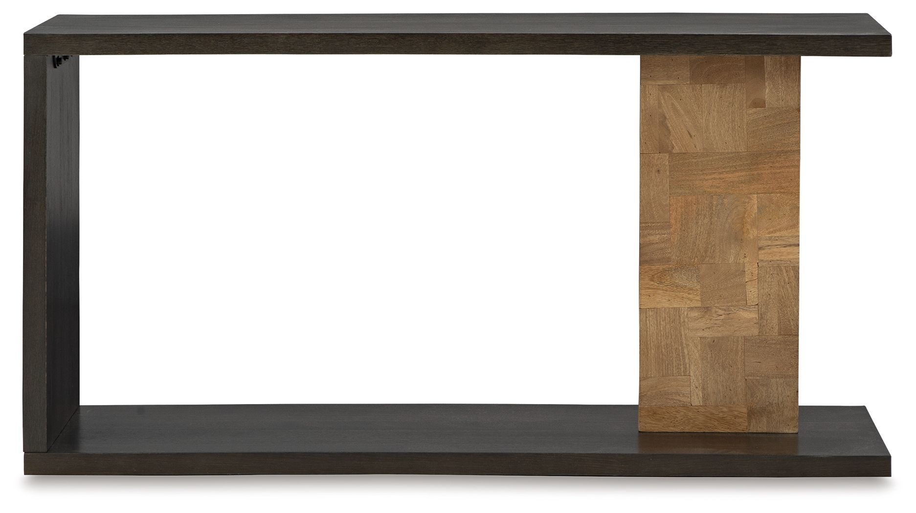 Dark console sofa table with light wood side panel and open shelf