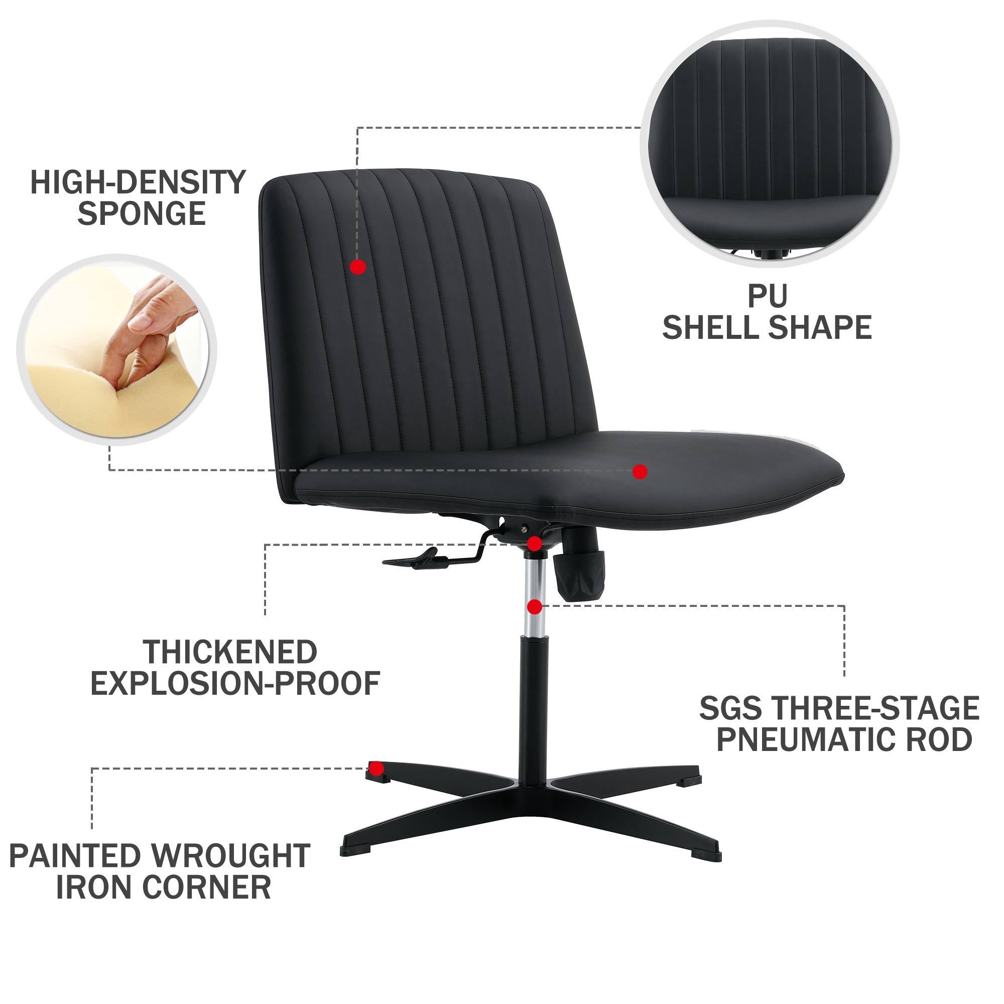 Black PU Leather Home Office Chair, 360° Swivel, No Wheels