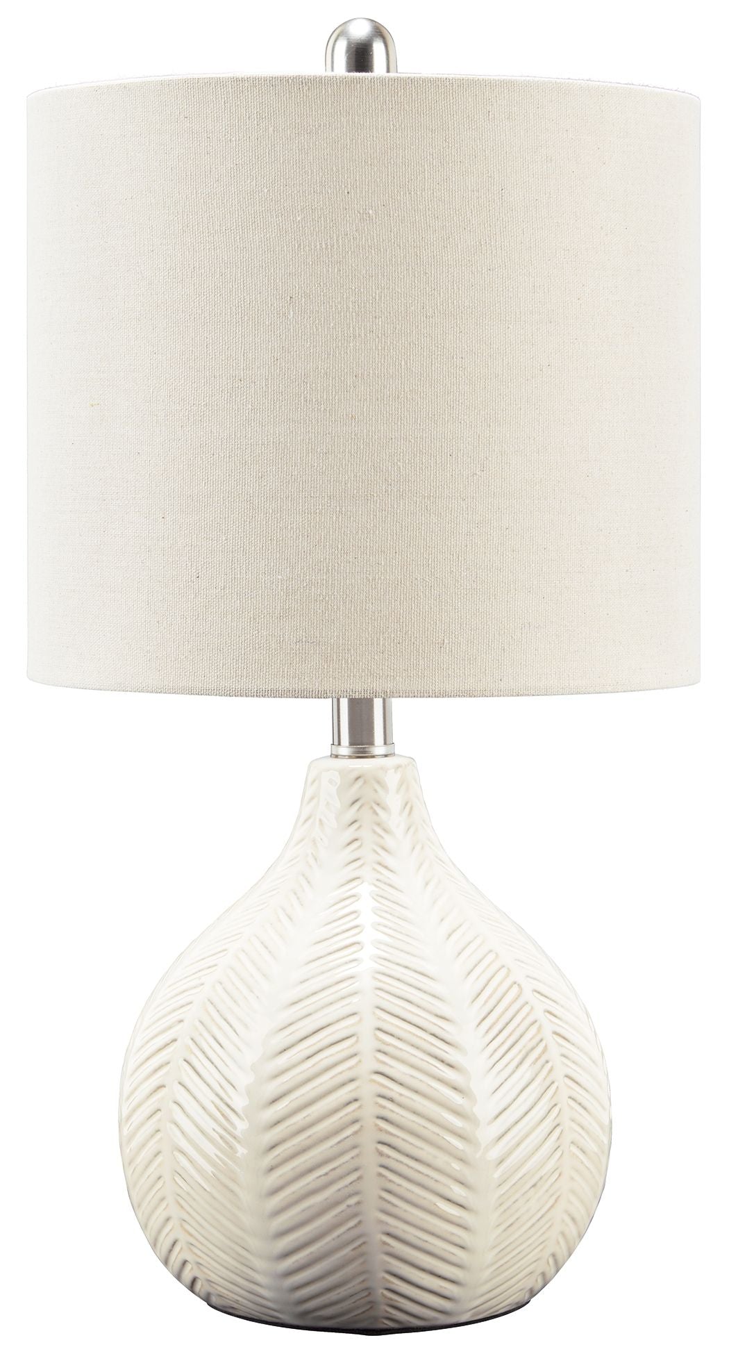 Ceramic table lamp with off-white fabric shade and textured off-white base