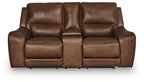 Power reclining loveseat with console and adjustable headrests, dark brown upholstered seating