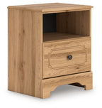 Warm brown wooden nightstand with open shelf and decorative drawer front
