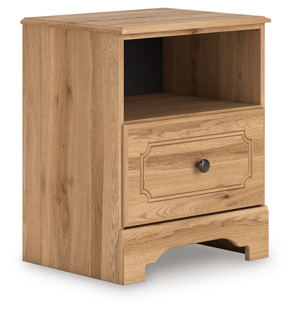 Warm brown wooden nightstand with open shelf and decorative drawer front