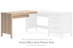Tan home office desk return with attached shelf and two open storage drawers