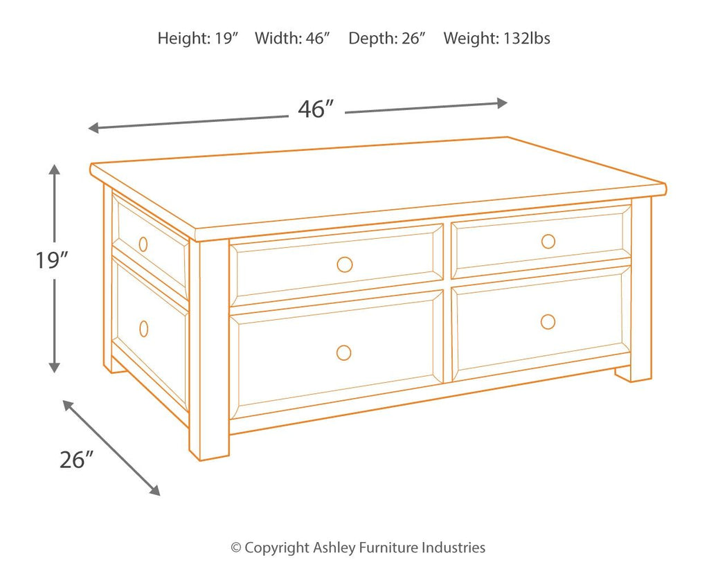 Lift-top cocktail table dimensions: 46 in wide, 19 in high, 26 in deep, side view.