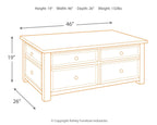 Lift-top cocktail table dimensions: 46 in wide, 19 in high, 26 in deep, side view.