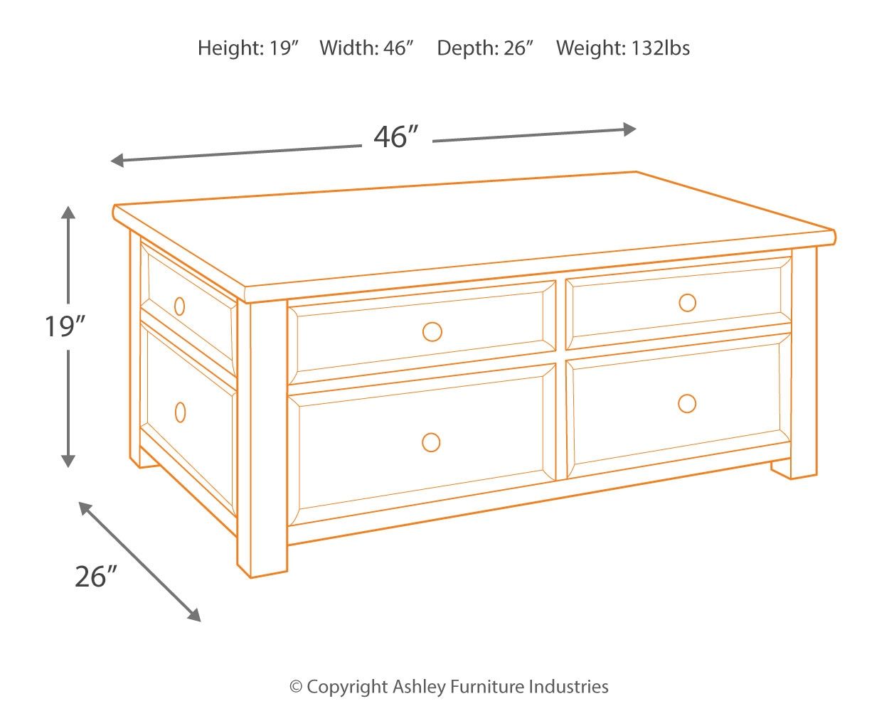 Lift-top cocktail table dimensions: 46 in wide, 19 in high, 26 in deep, side view.
