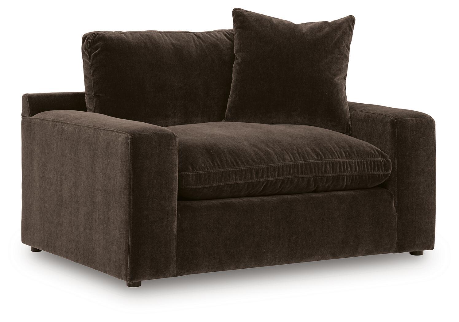 Maxton Heights chair and a half in dark brown, cushioned with two back pillows