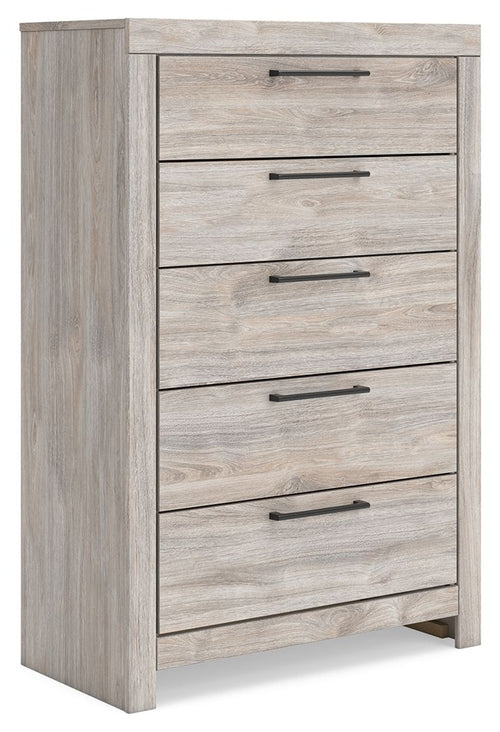 Gray five-drawer chest with dark metal bar handles