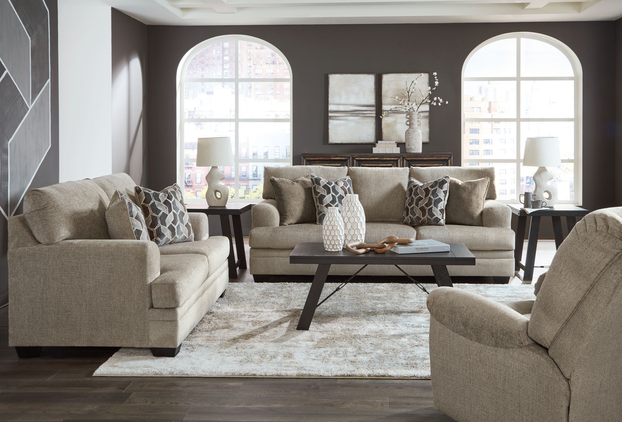 Taupe fabric living room sectional set with ottoman and accent pillow cushions