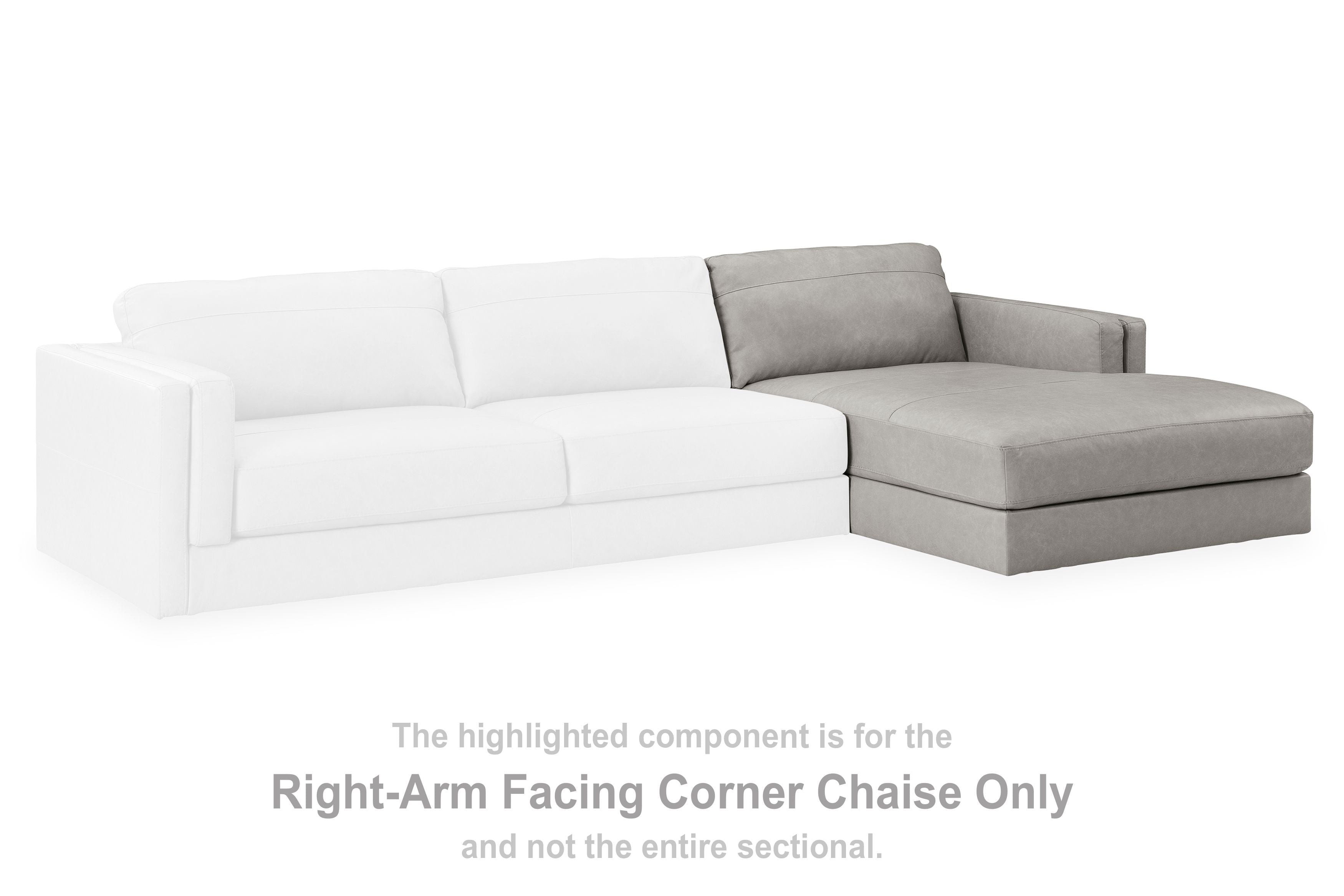 Light gray right-arm facing corner chaise joined to a white sectional sofa