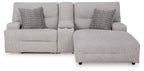 Pewter power reclining sectional sofa with chaise, two back cushions, and two seat sections