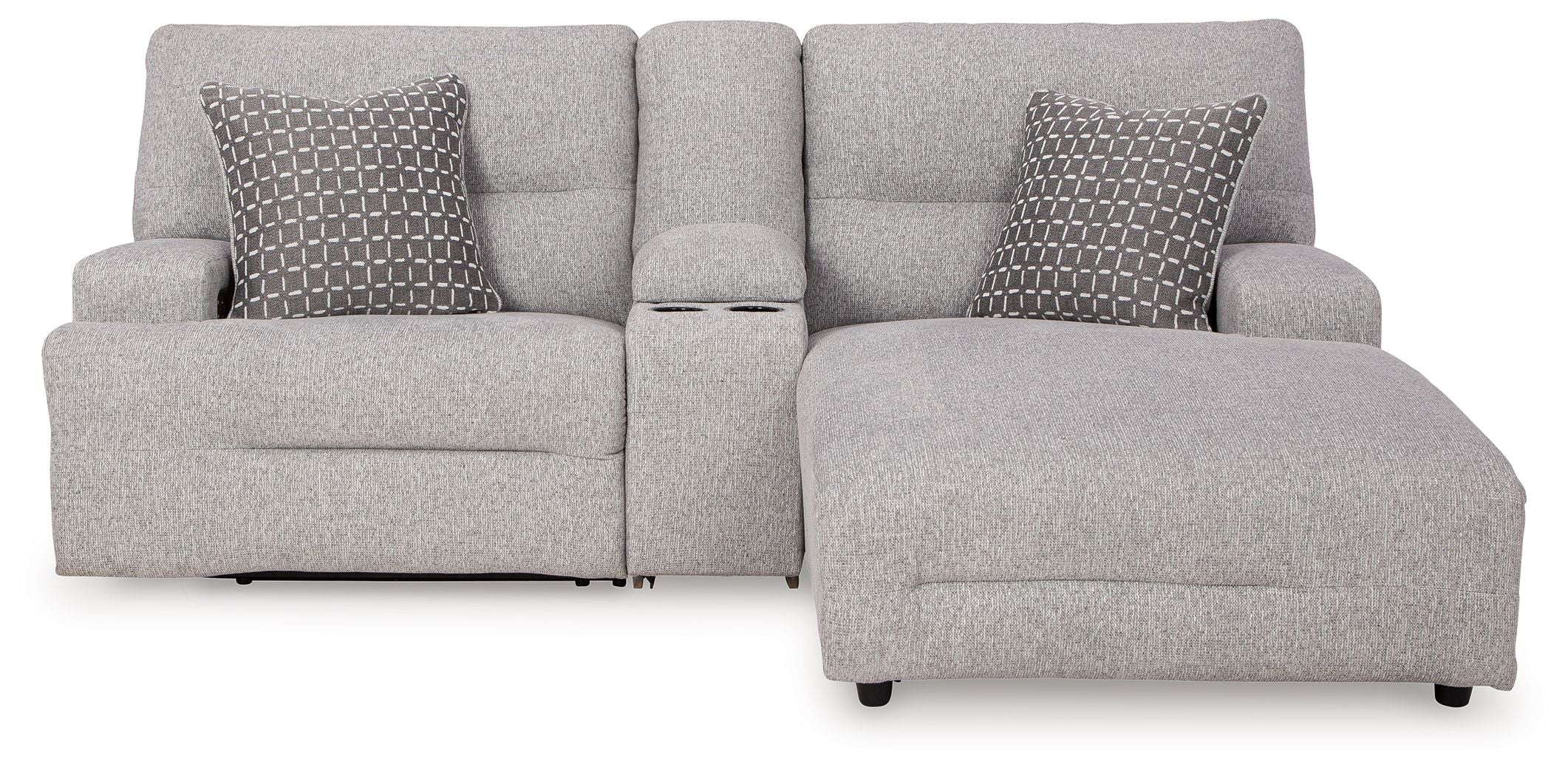 Pewter power reclining sectional sofa with chaise, two back cushions, and two seat sections