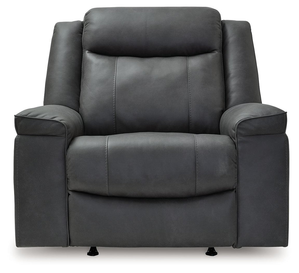 Dark gray rocker recliner chair with tall backrest, padded arms, and stitched front panel.