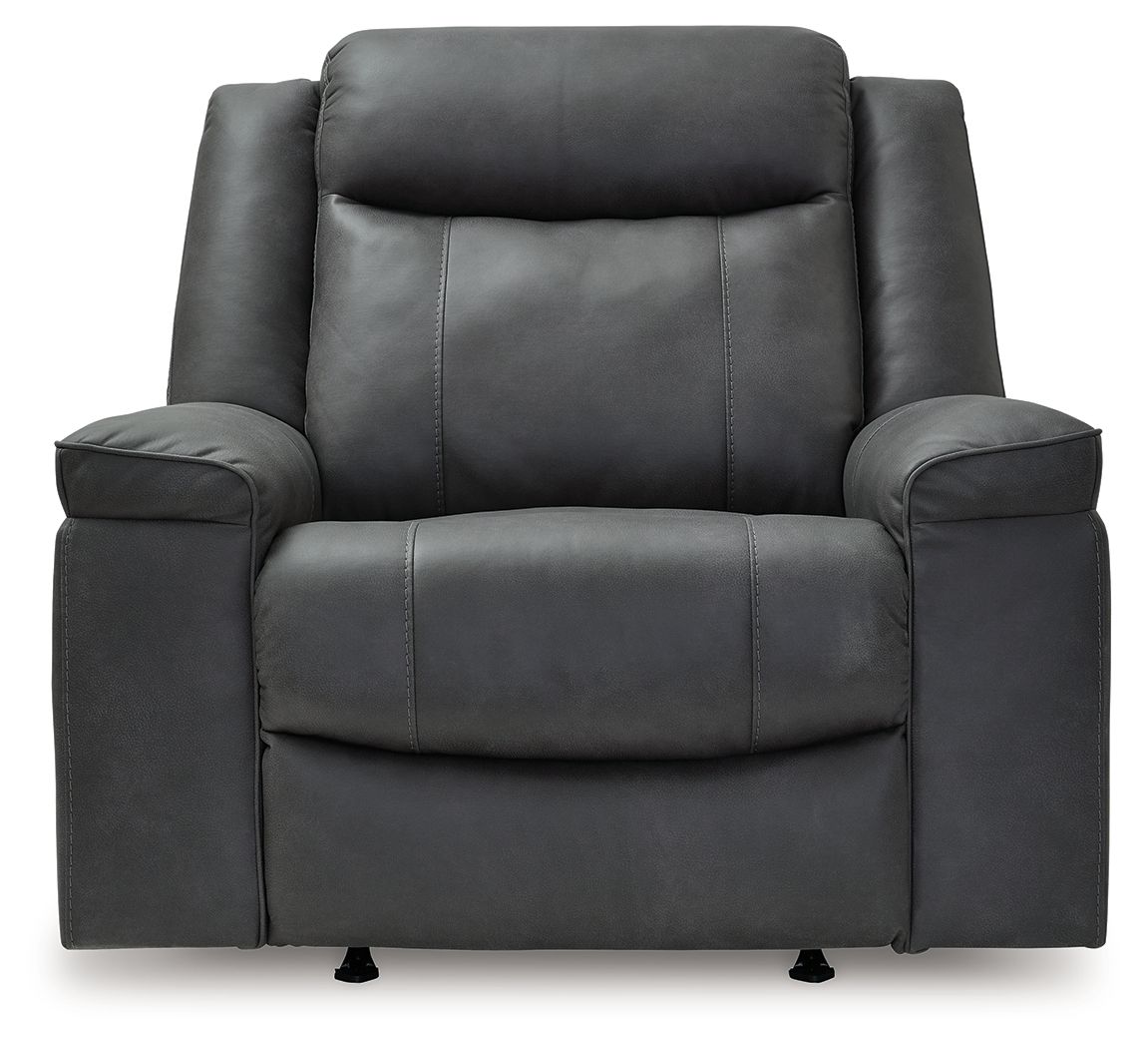 Dark gray rocker recliner chair with tall backrest, padded arms, and stitched front panel.