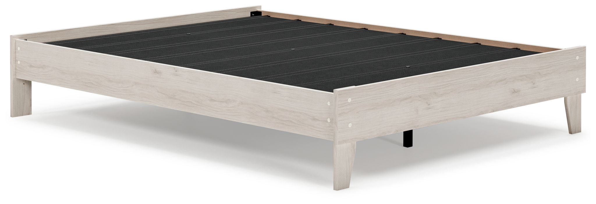 Light wood bed frame with open slats and low side rails
