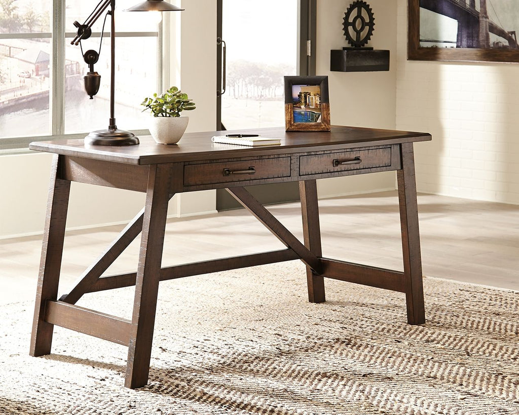 Rustic brown office desk with three drawers and angled cross braces
