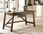 Rustic brown office desk with three drawers and angled cross braces