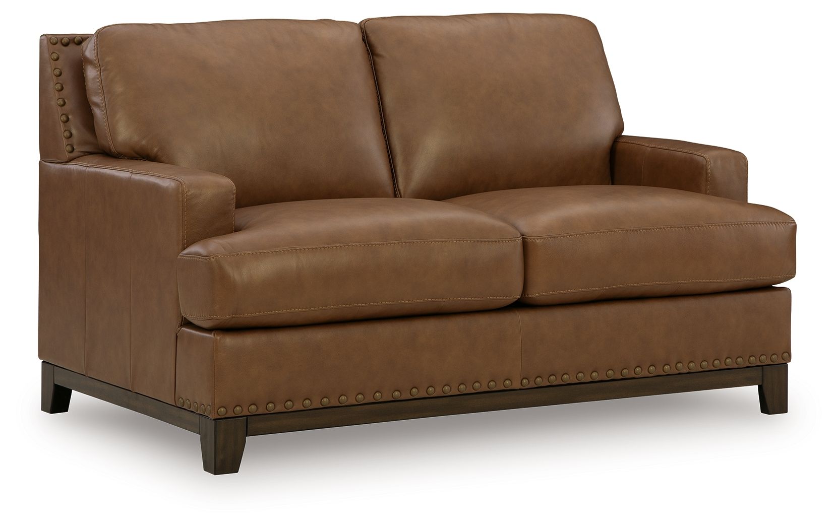 Brown suede-look loveseat sofa with nailhead trim, two-seat cushions and dark wooden legs