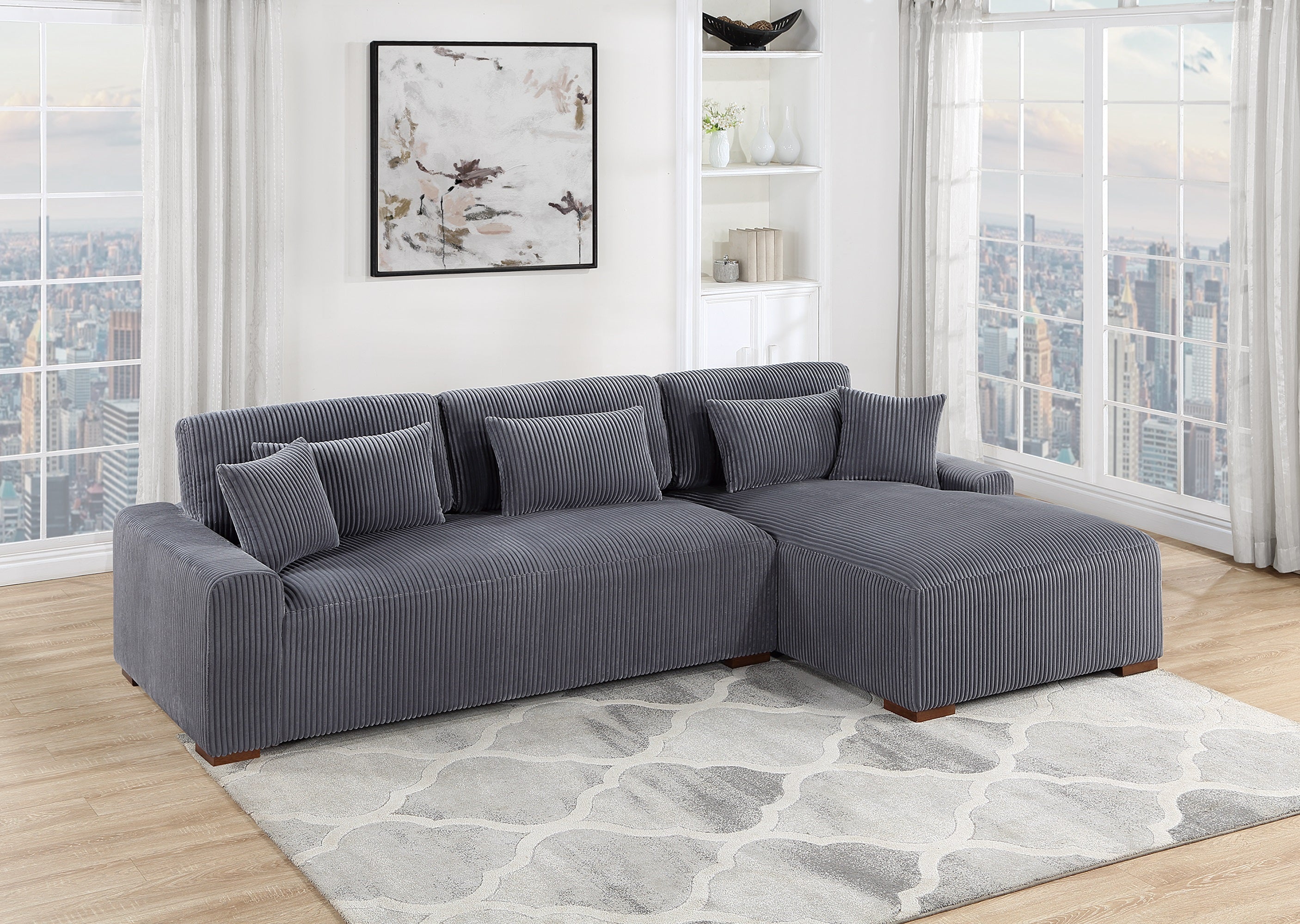 Modern XL Plush Corduroy Dark Gray Sectional Sofa Couch