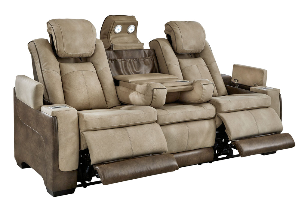 Sand power reclining sofa with three recliner seats and a center console between arms.