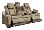 Sand power reclining sofa with three recliner seats and a center console between arms.