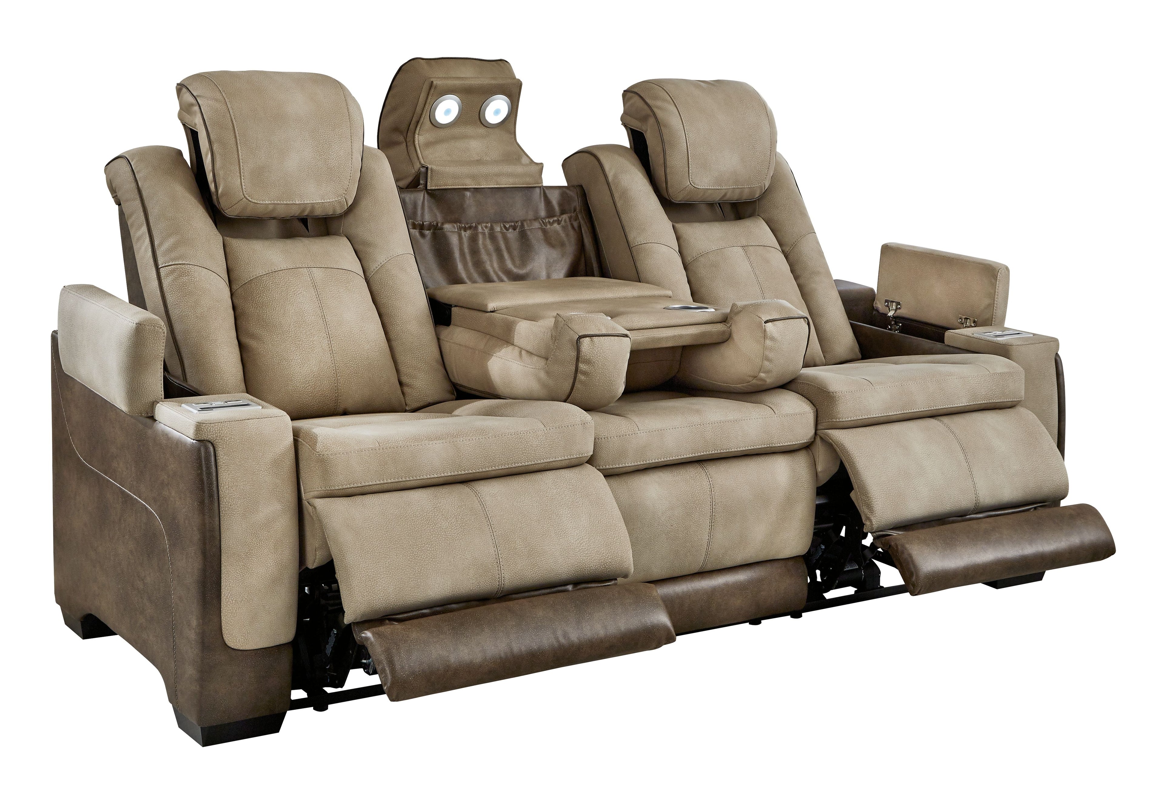 Sand power reclining sofa with three recliner seats and a center console between arms.