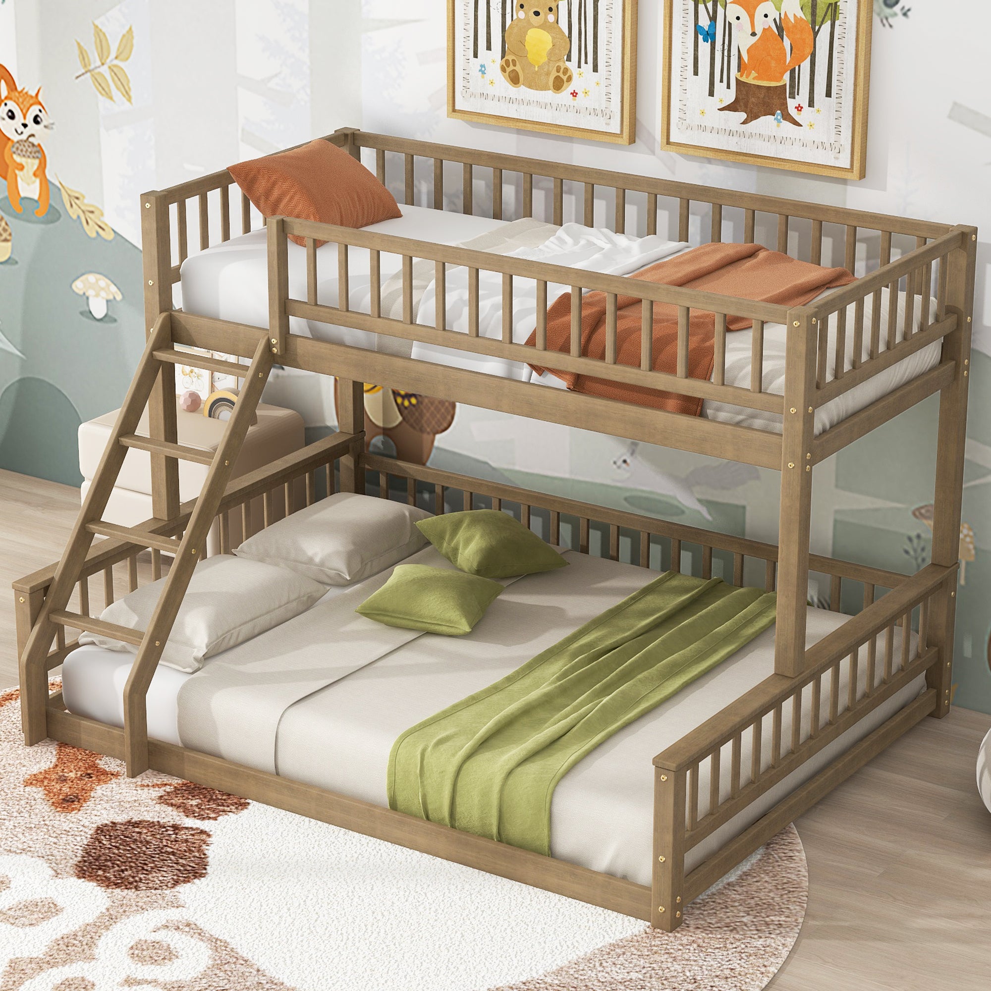 Twin XL Over Queen Bunk Bed with Ladder & Guardrails, Walnut