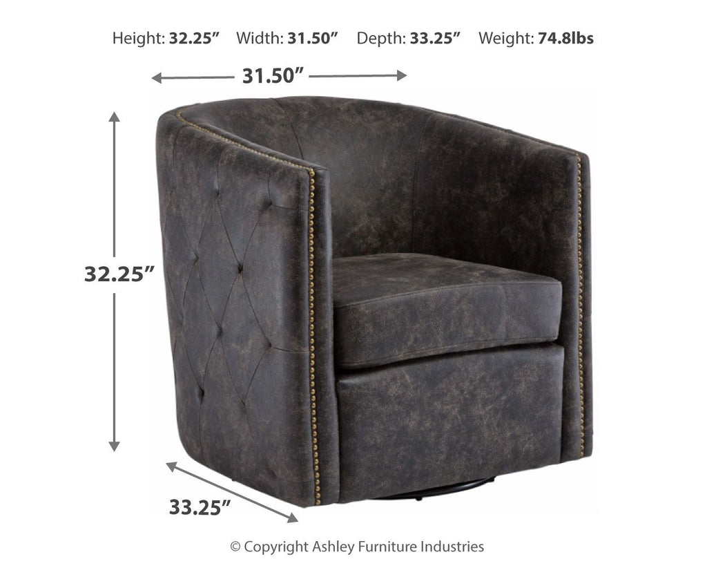 Dark swivel accent chair with tufted sides, low seat cushion, and gold stud trim