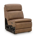 Brown armless recliner with padded adjustable headrest and extended leg support
