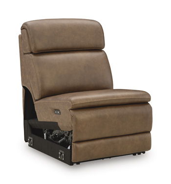 Brown armless recliner with padded adjustable headrest and extended leg support