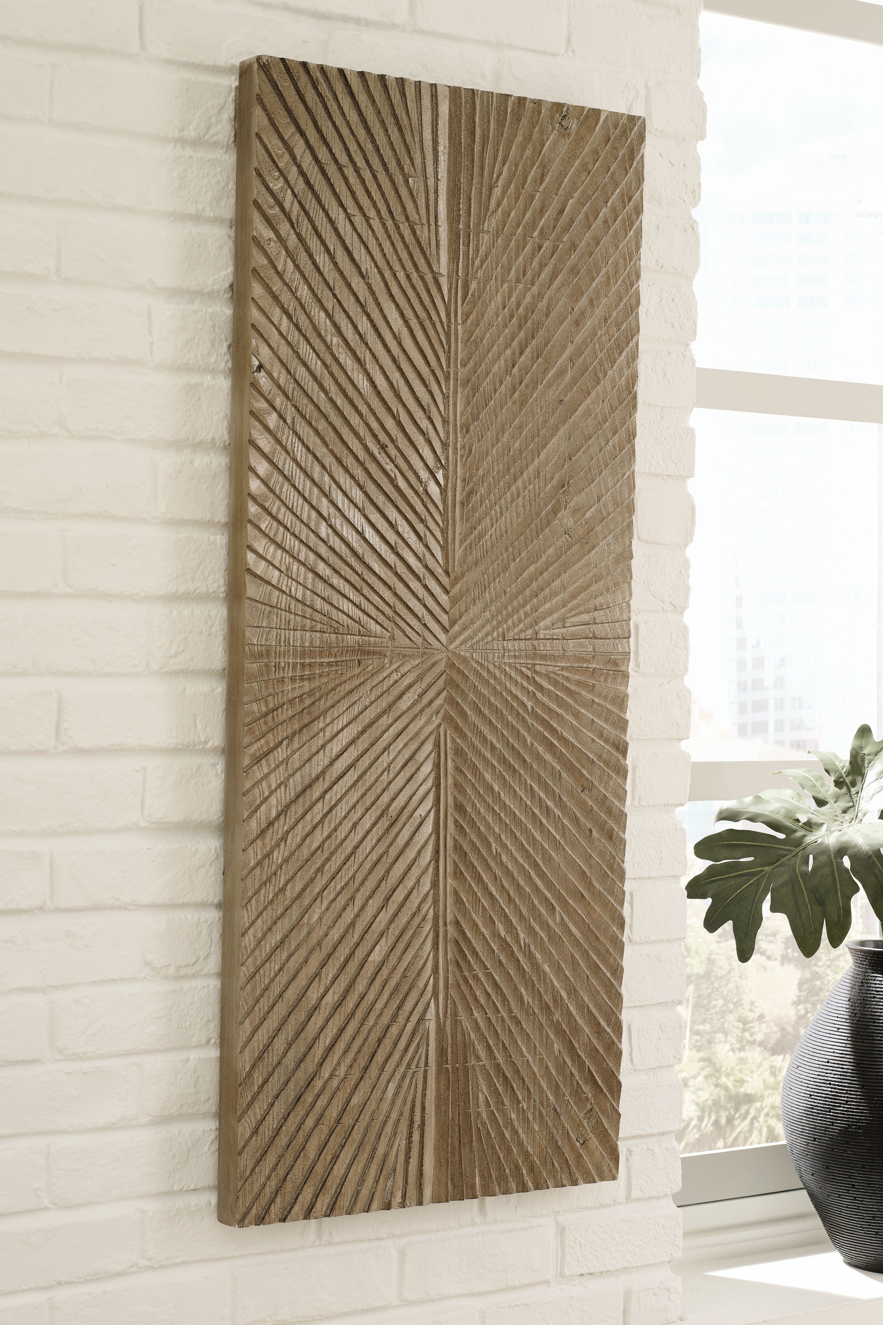 Distressed brown wall decor panel with geometric chevron line pattern