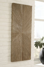 Distressed brown wall decor panel with vertical feathered chevron pattern