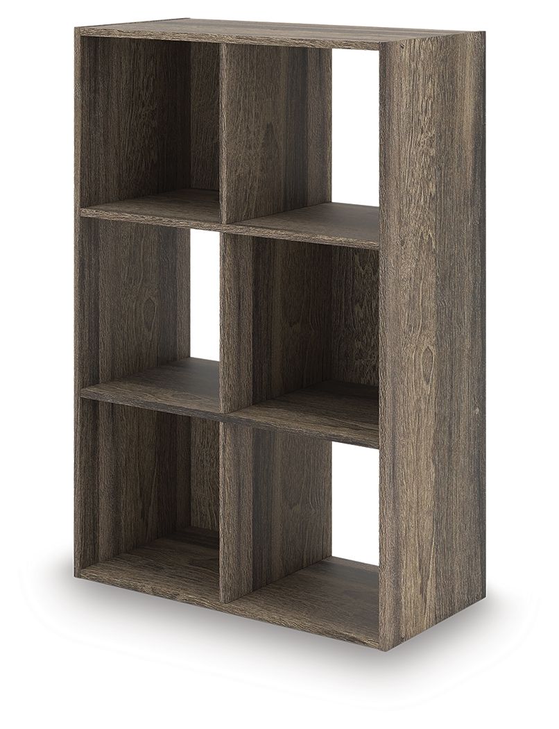 Dark brown cube organizer with open square cubbies, shelving unit front view