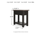 Chair side end table with drawer and open lower shelf, compact rectangular top.