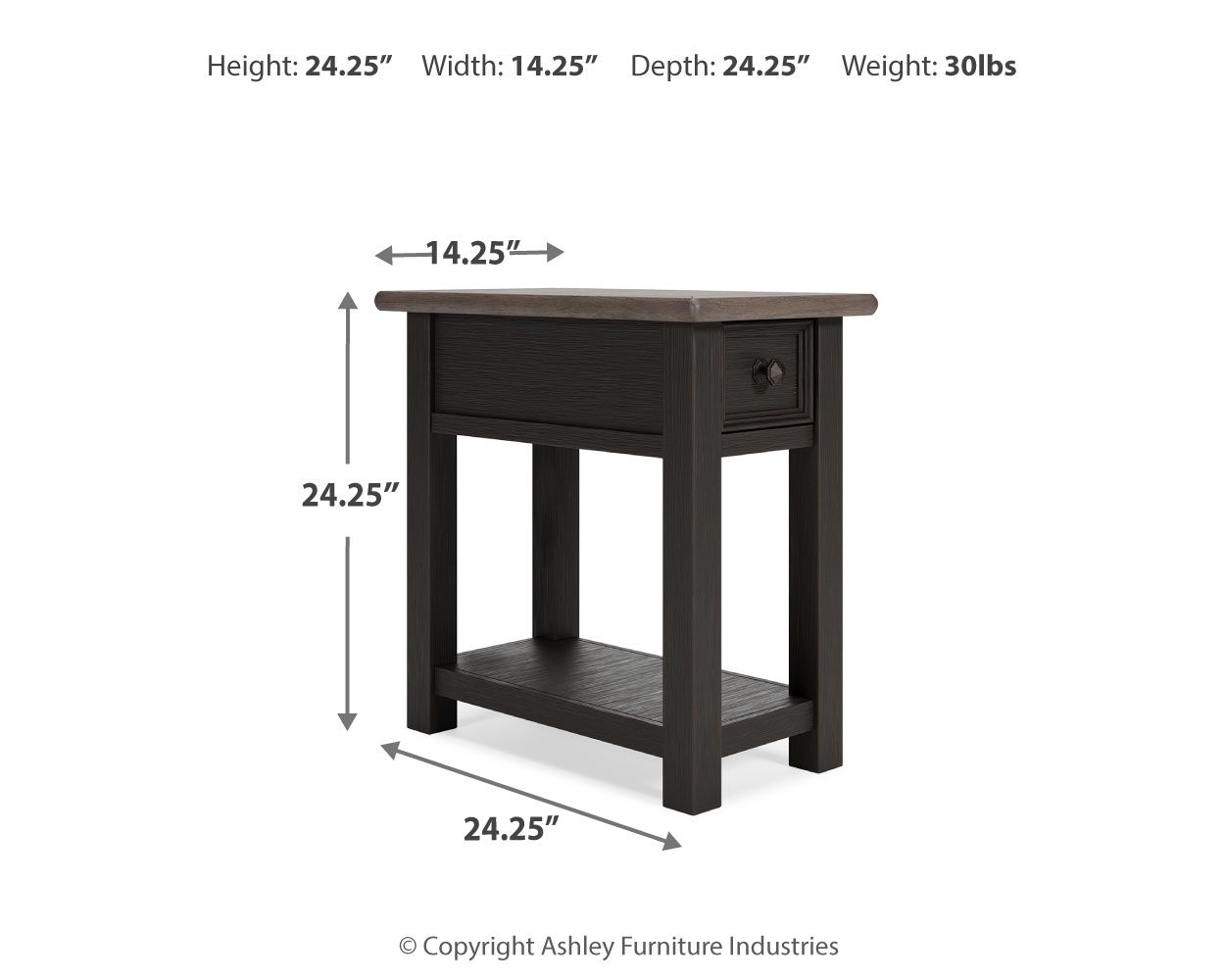 Chair side end table with drawer and open lower shelf, compact rectangular top.