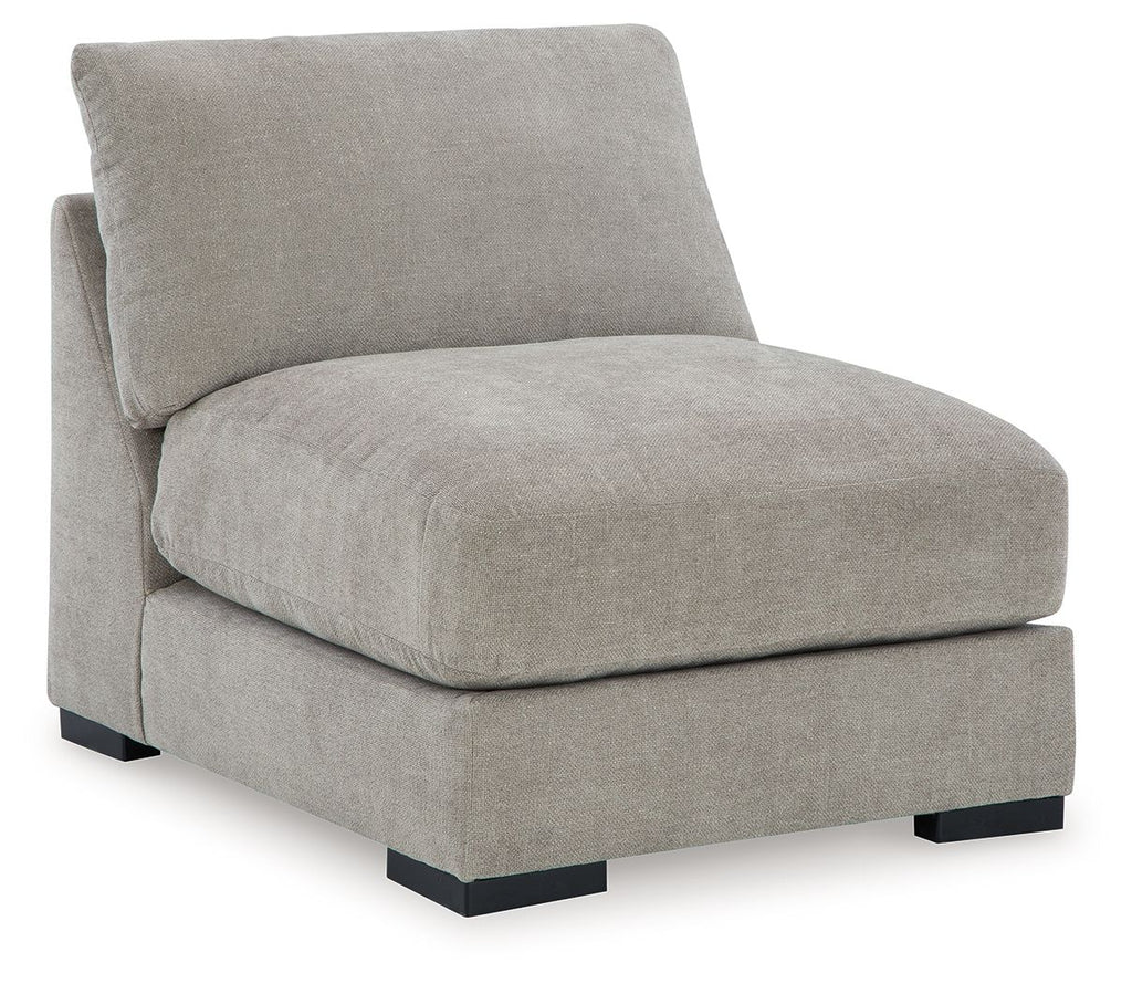Pebble armless chair with upholstered back and seat, black base feet