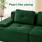Green corduroy sectional sofa with pearl-like piped edges on seat and back cushions