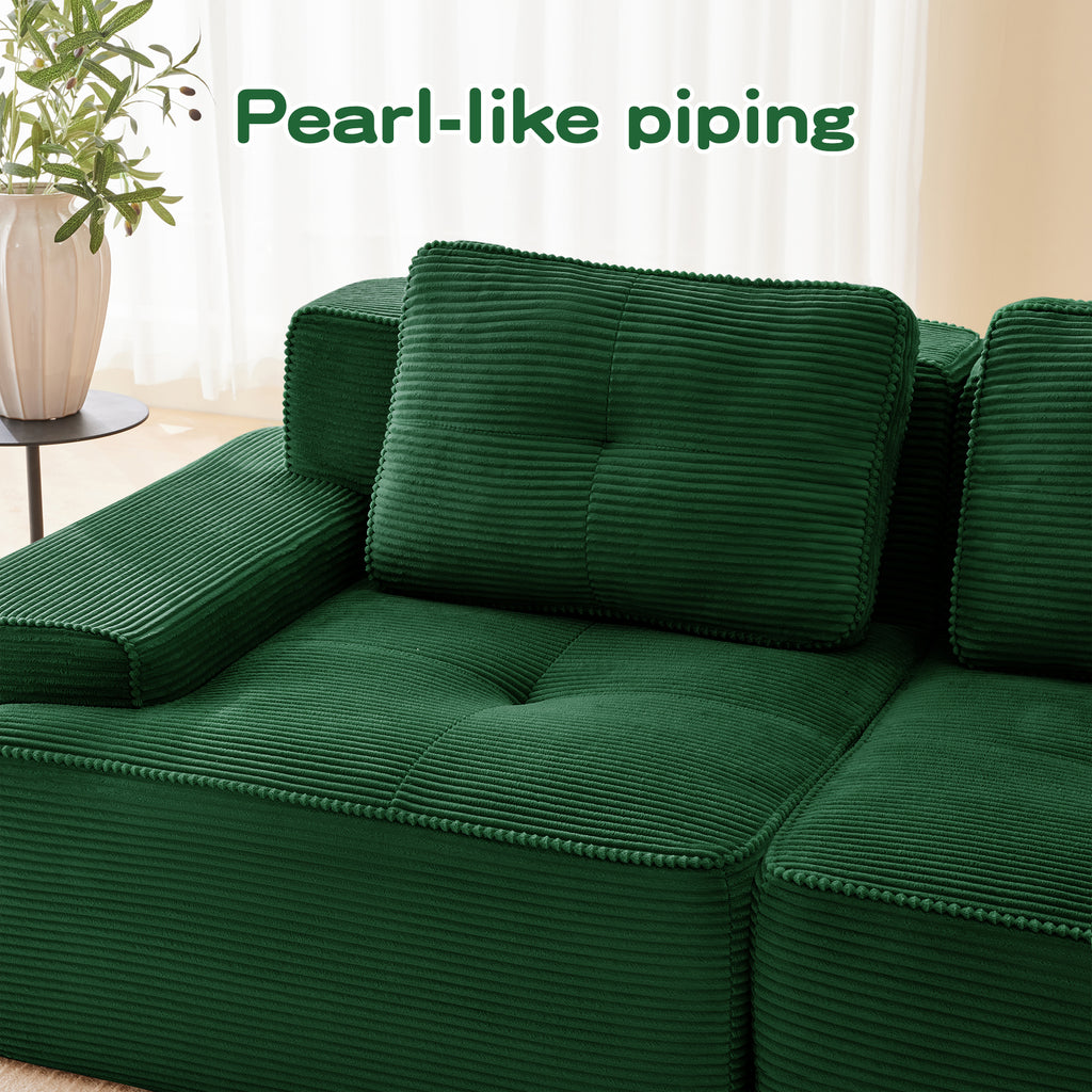 Green corduroy modular sectional seat with backrest and stitched piping detail