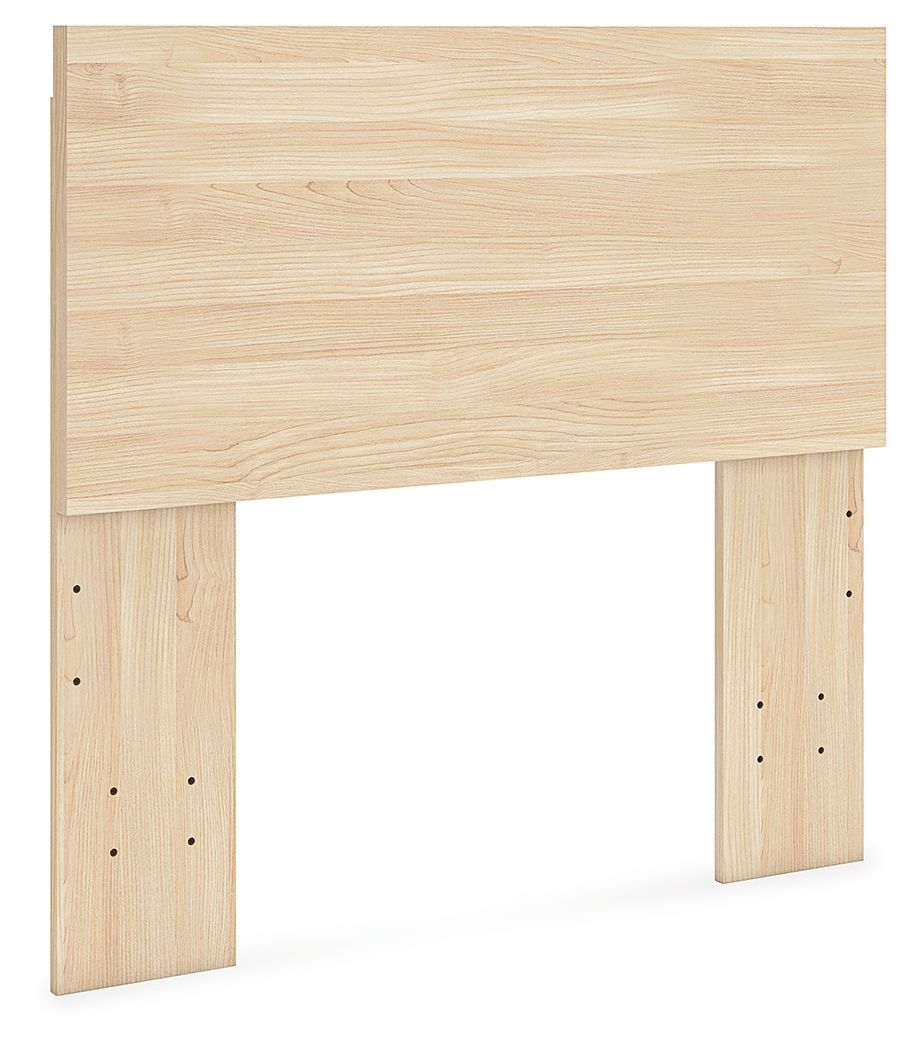 Light wood panel headboard, front view with side posts and drilled holes.