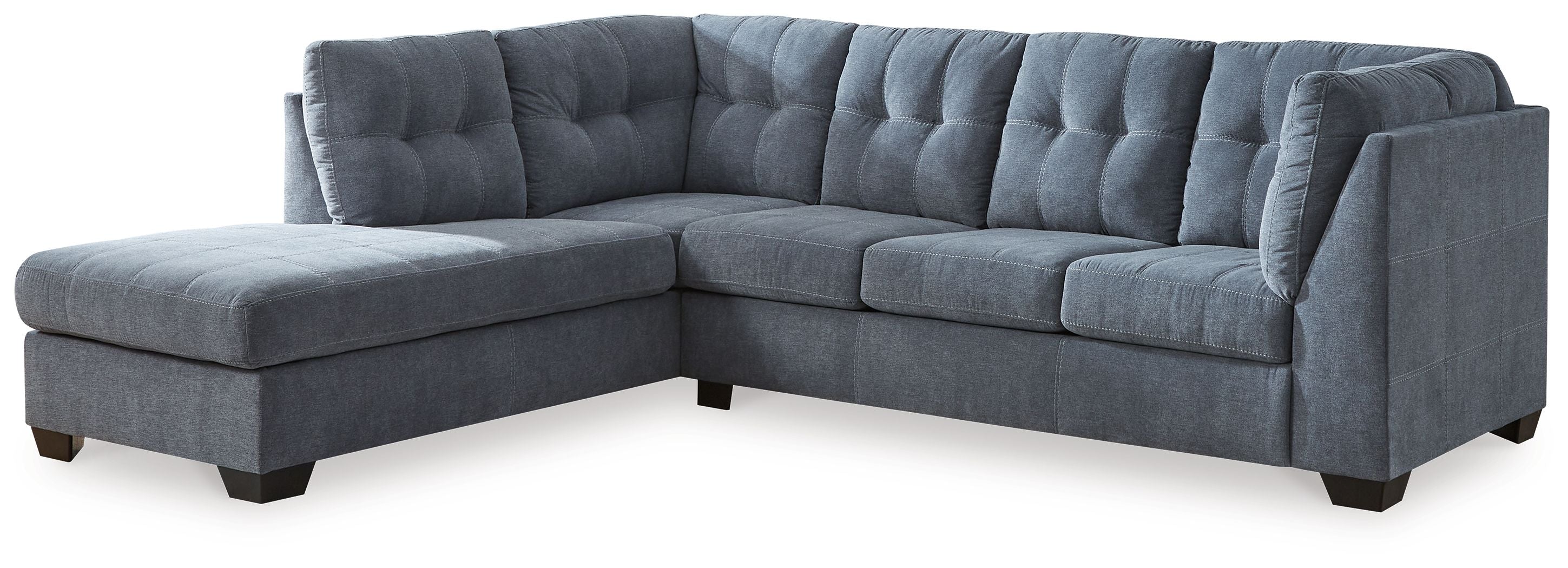 Dark gray sectional sleeper sofa with tufted back and chaise corner, square arms
