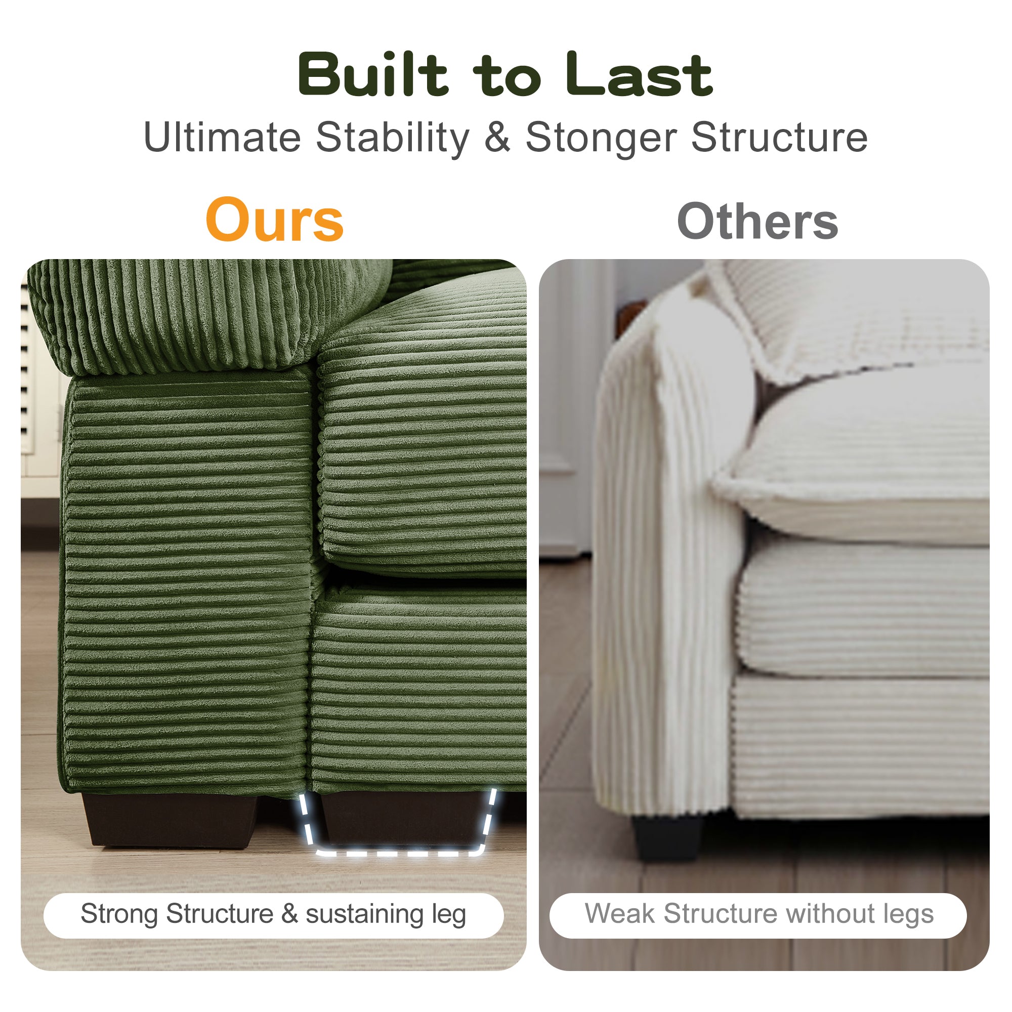 Green corduroy sectional arm and seat showing sturdy leg structure