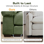 Green corduroy sectional sofa with modular ottoman corner and thick padded armrest